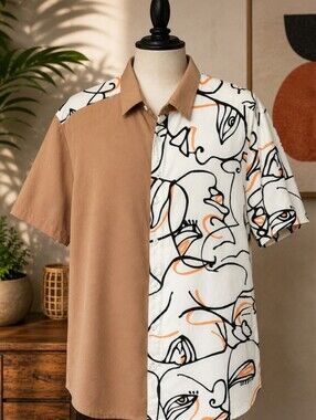 Manfinity XL Abstract Face Print Colorblock Button Up Shirt Short Sleeve Polyest